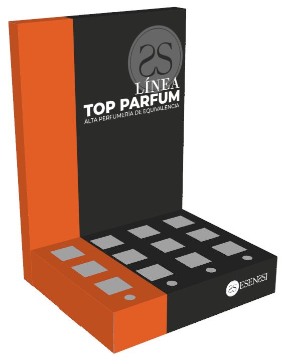 Expositor de carton para mostrador, usado en este caso, para la presentacion de frascos de perfumeria cuadrados, con espacio para los frascos tester.